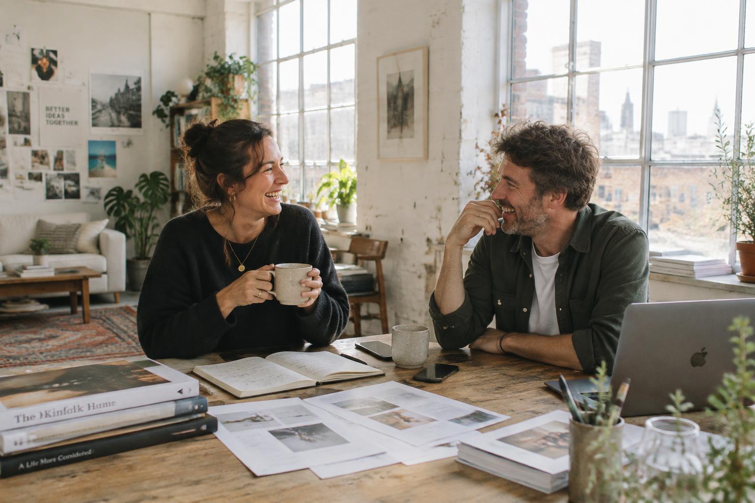 Two independent agency founders laughing together in a bright studio